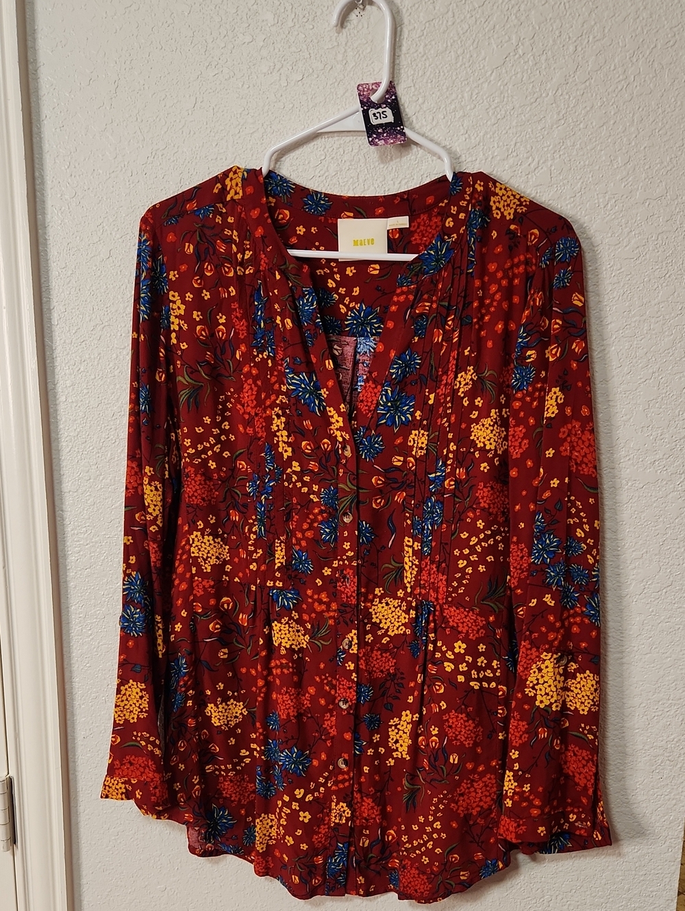 🌻375.Maeve Boho Floral Button-Front Blouse - Burgundy - Picture 2 of 6